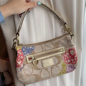 Coach Beige Shoulder Bag with Colorful Floral Design